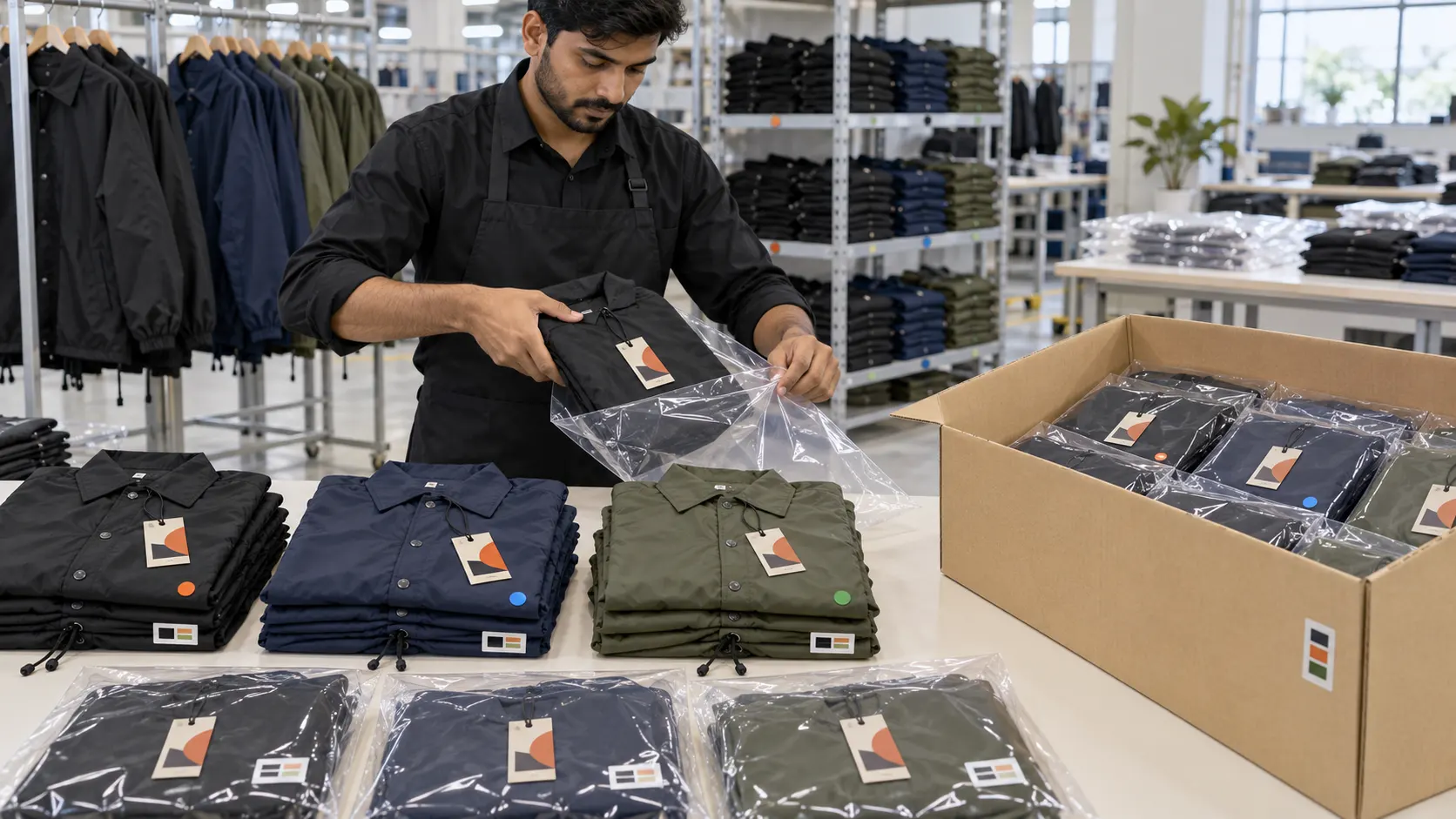 Custom coach jackets labelled packed and prepared for international bulk shipment