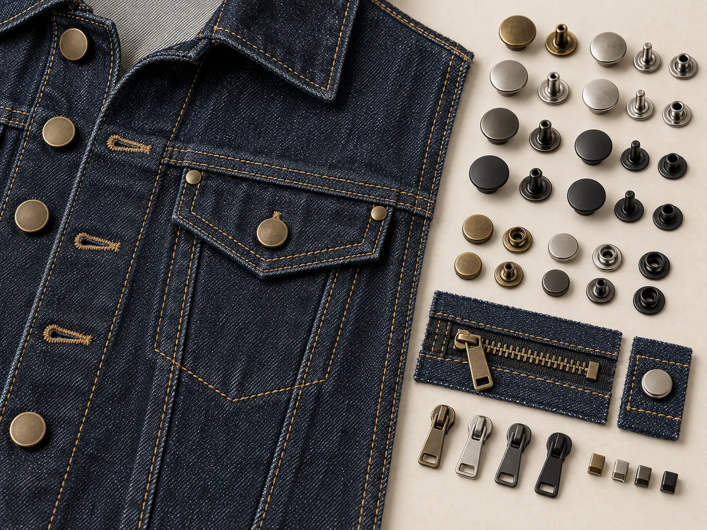 Custom denim jacket metal buttons rivets zippers snaps and branded hardware