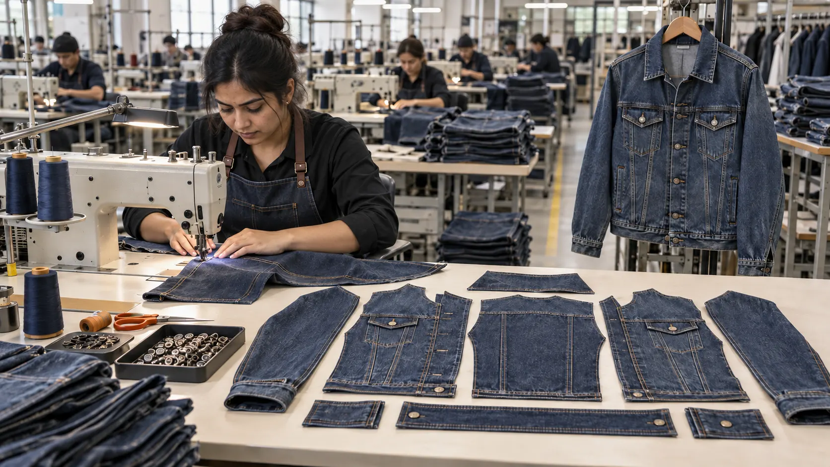 Custom denim jacket manufacturing inside an apparel production facility
