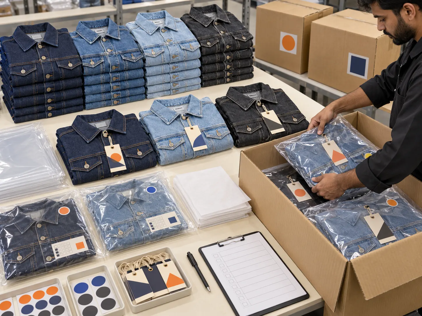Custom denim jackets folded labelled and packed for bulk international shipment