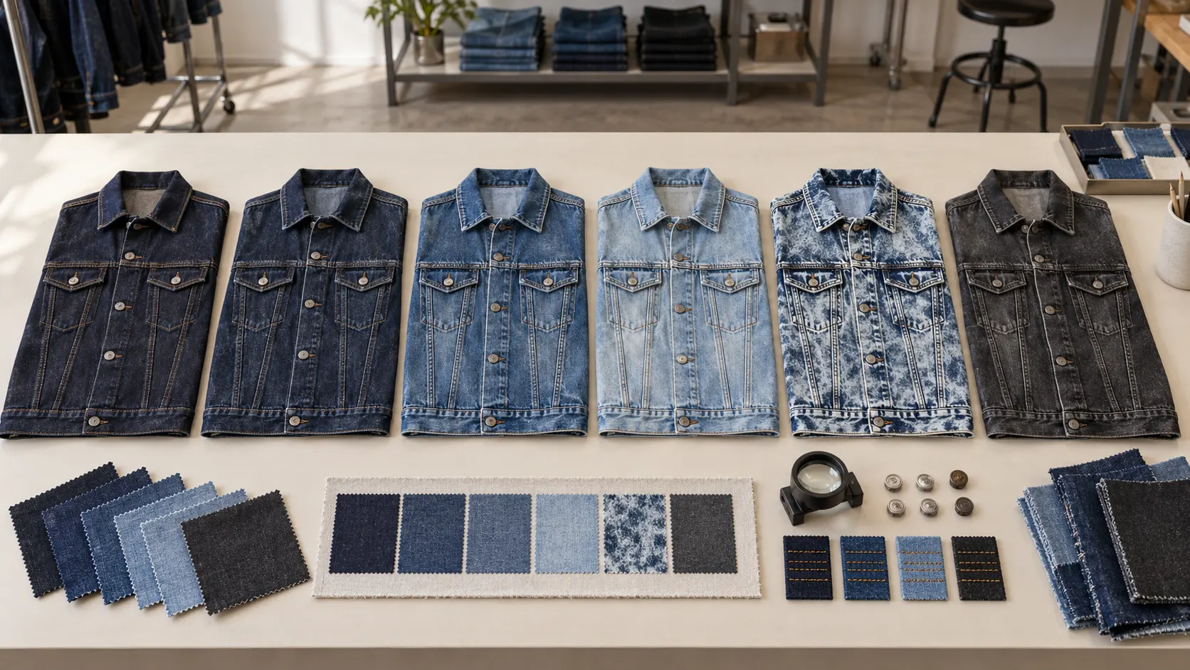 Raw rinse enzyme stone vintage acid and washed black denim jacket wash development