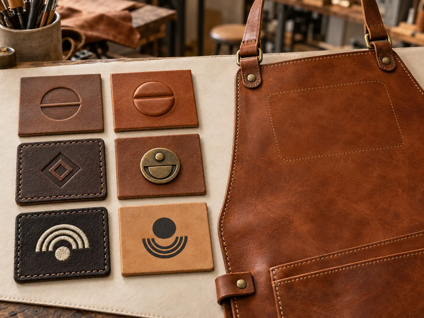 Debossed embossed patch and metal logo branding options for custom leather aprons