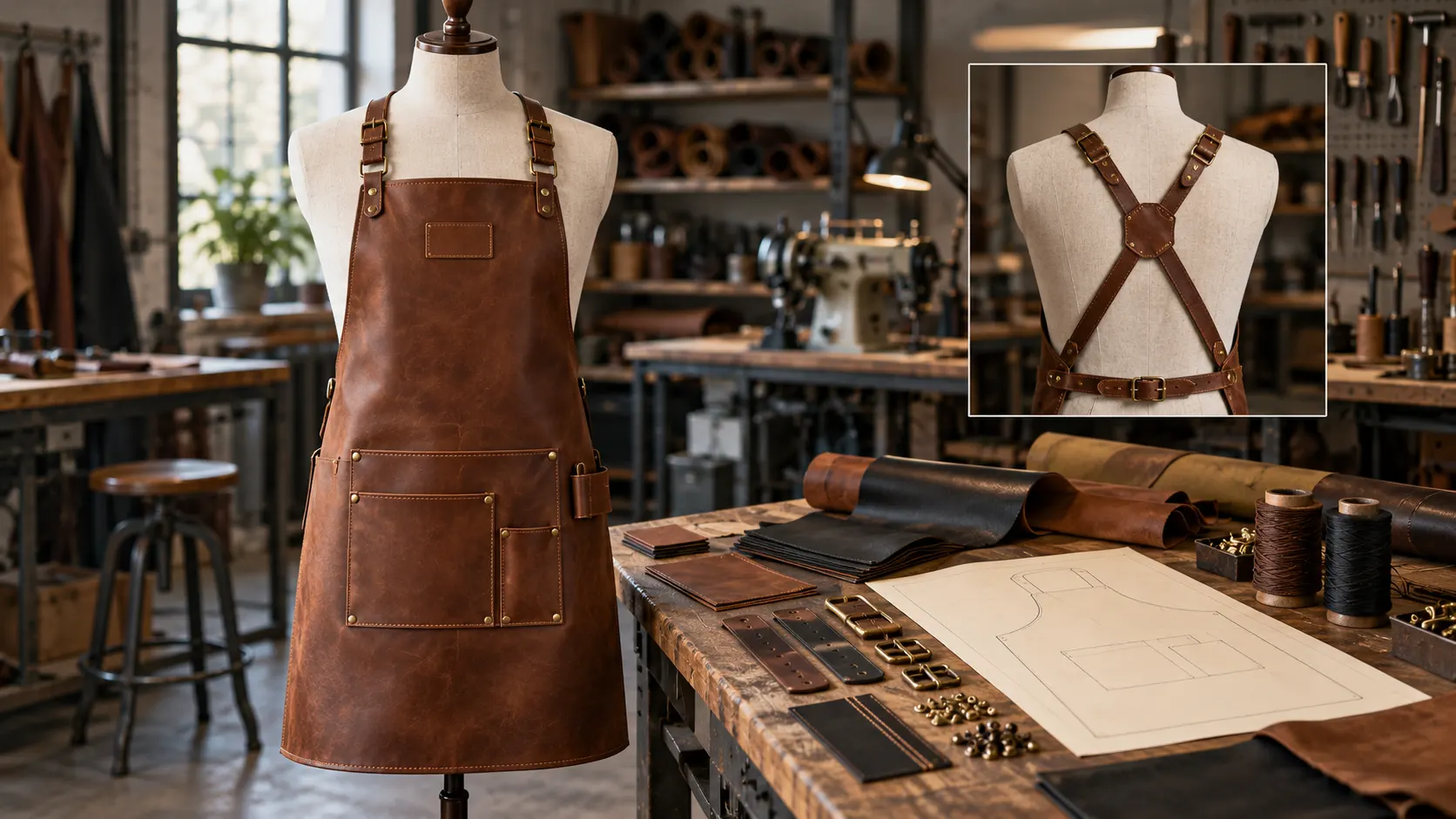 Custom leather apron manufacturing inside a professional leather workshop