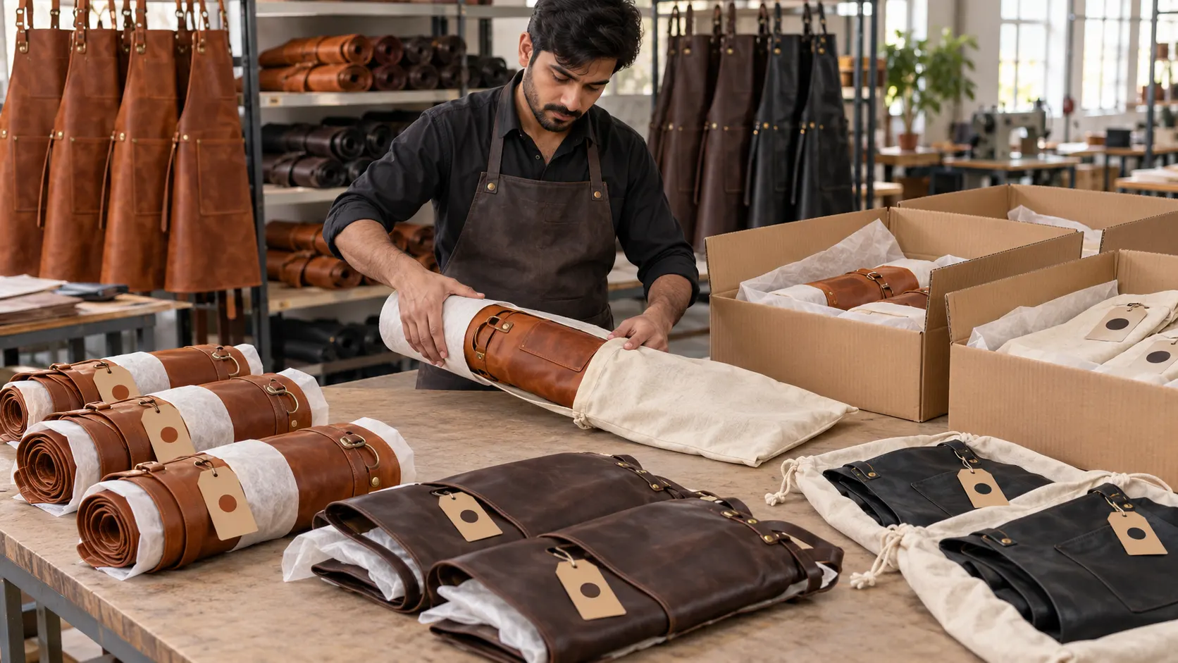 Custom leather aprons labelled protected and packed for international bulk shipment