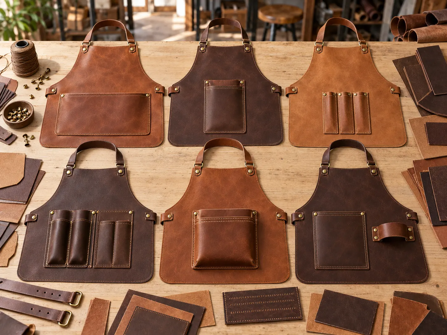 Custom leather apron utility tool barber phone pen and towel pocket configurations