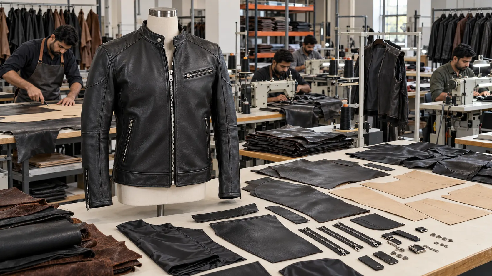 Custom leather jacket manufacturing inside an apparel production facility