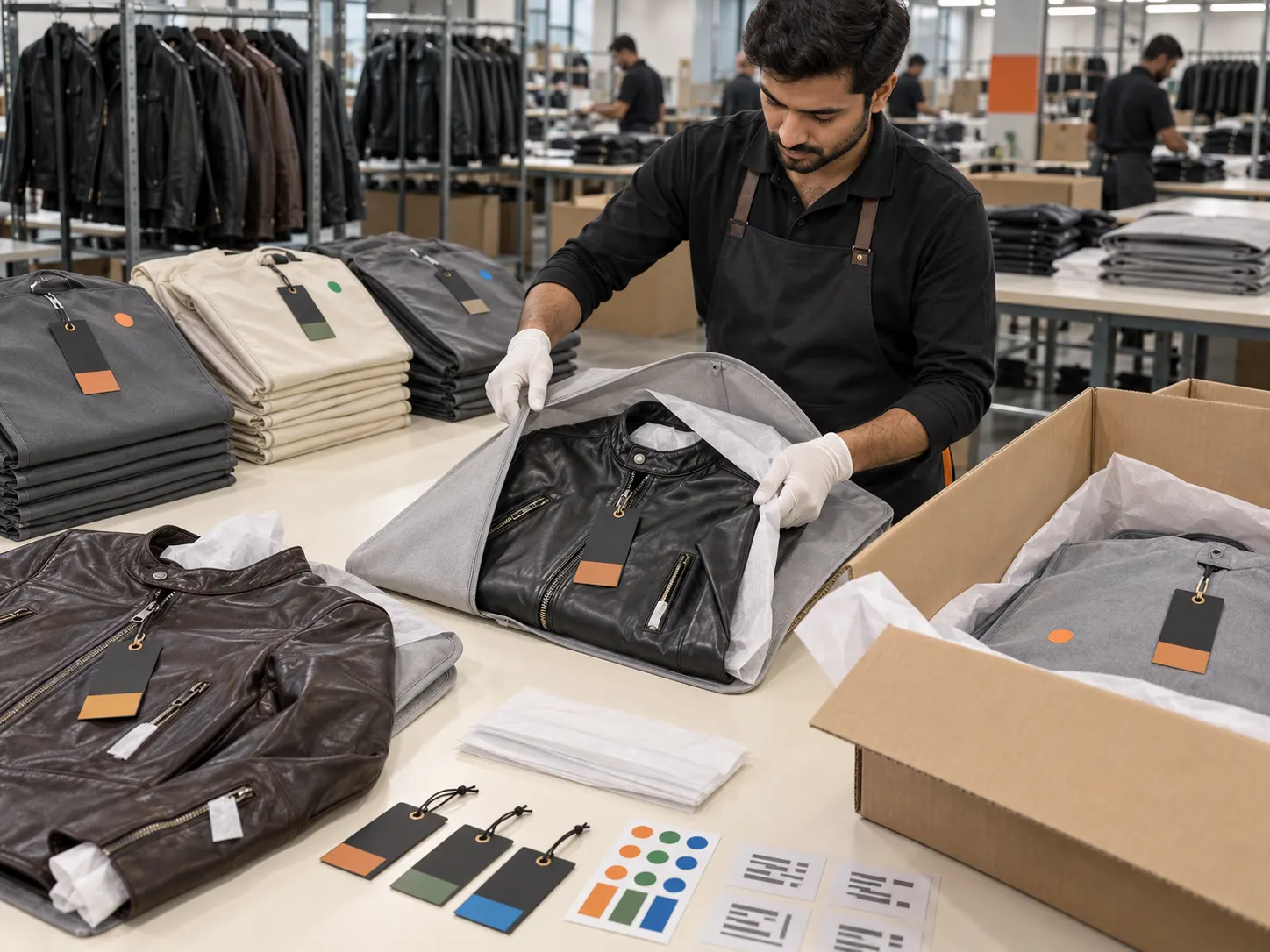 Quality control inspection of a custom leather jacket