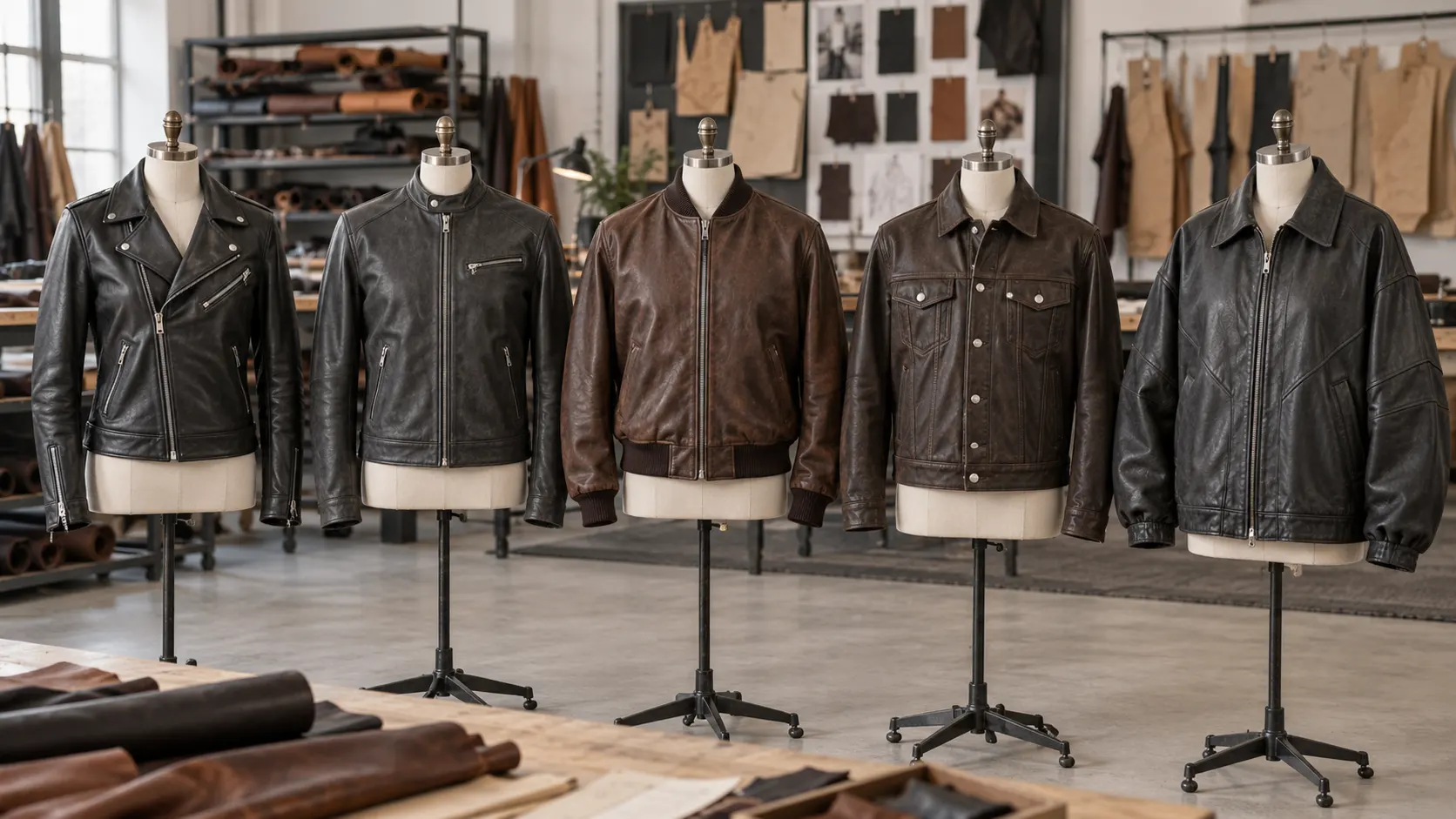 Custom biker cafe racer bomber aviator varsity trucker and oversized leather jacket styles