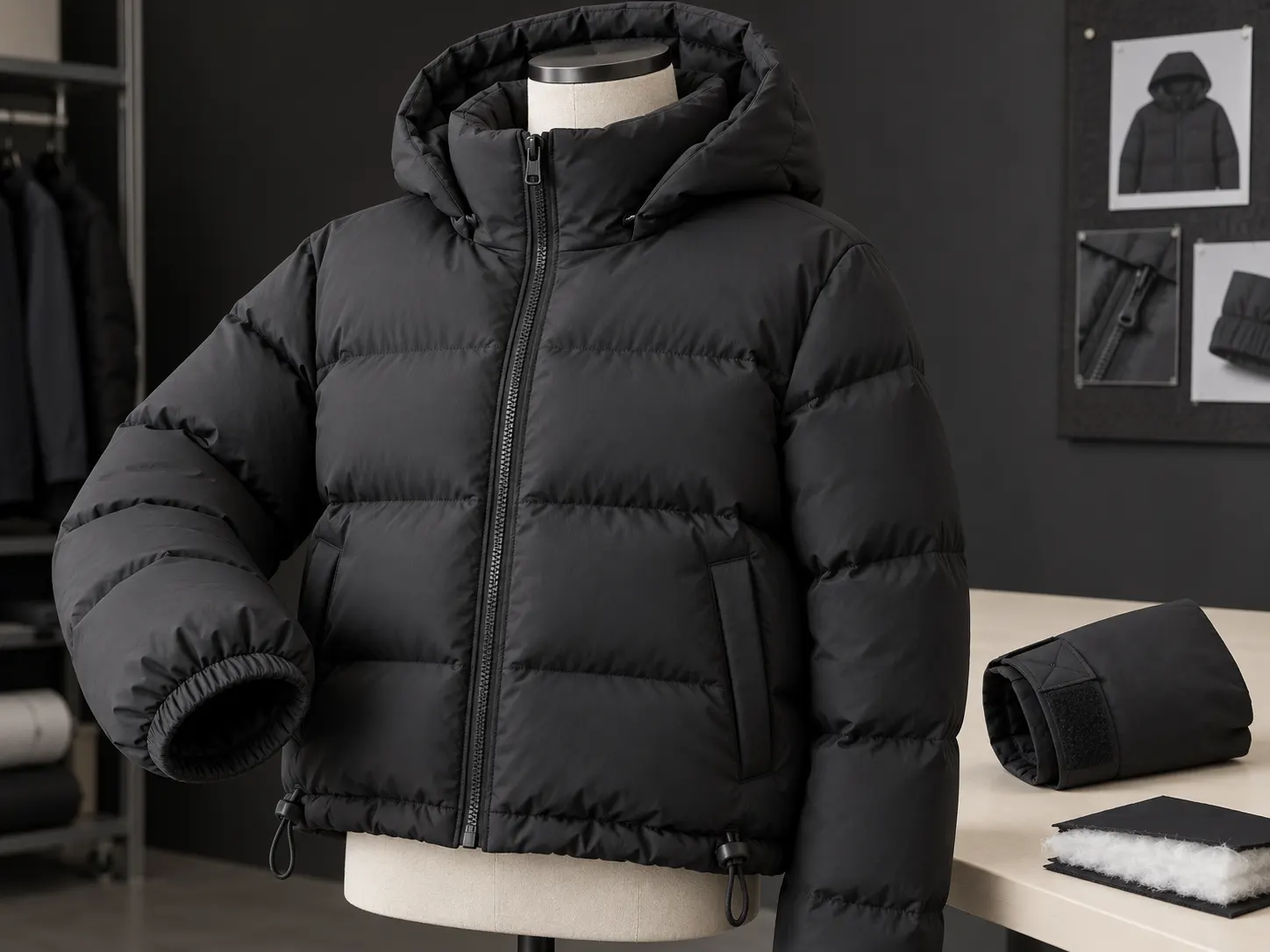 Custom puffer jacket hood collar cuff and drawcord hem construction