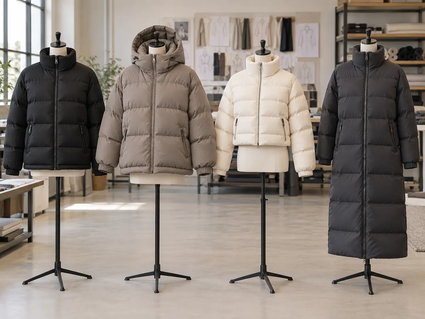 Custom puffer jacket styles including hooded oversized cropped and long designs