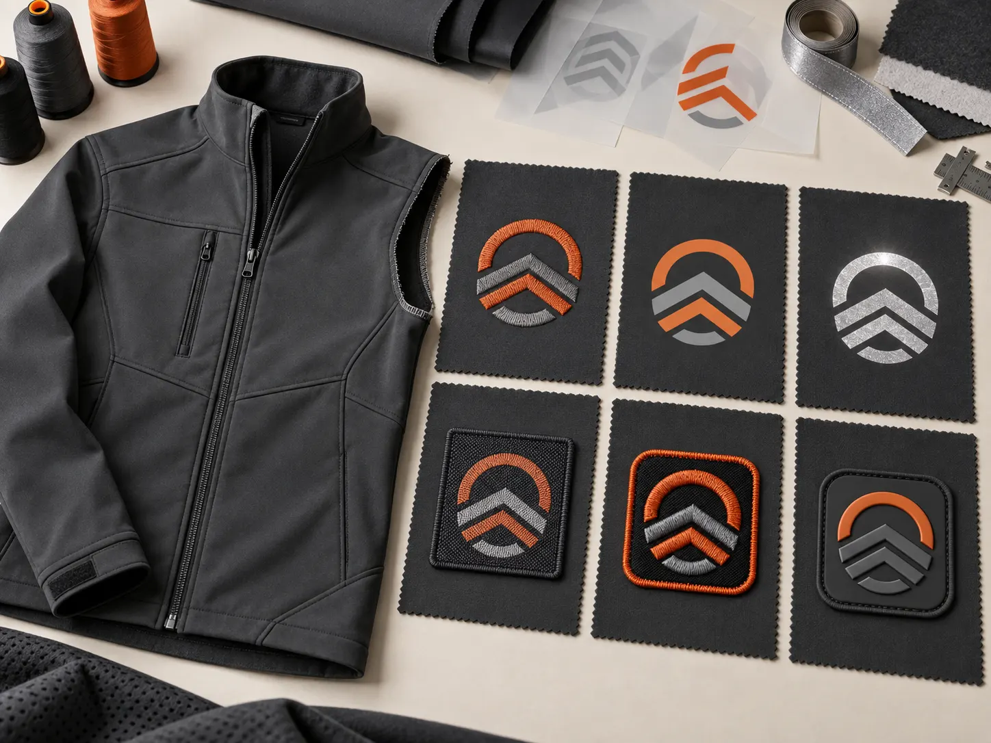 Embroidery heat transfer reflective logos patches and custom branding on softshell jackets