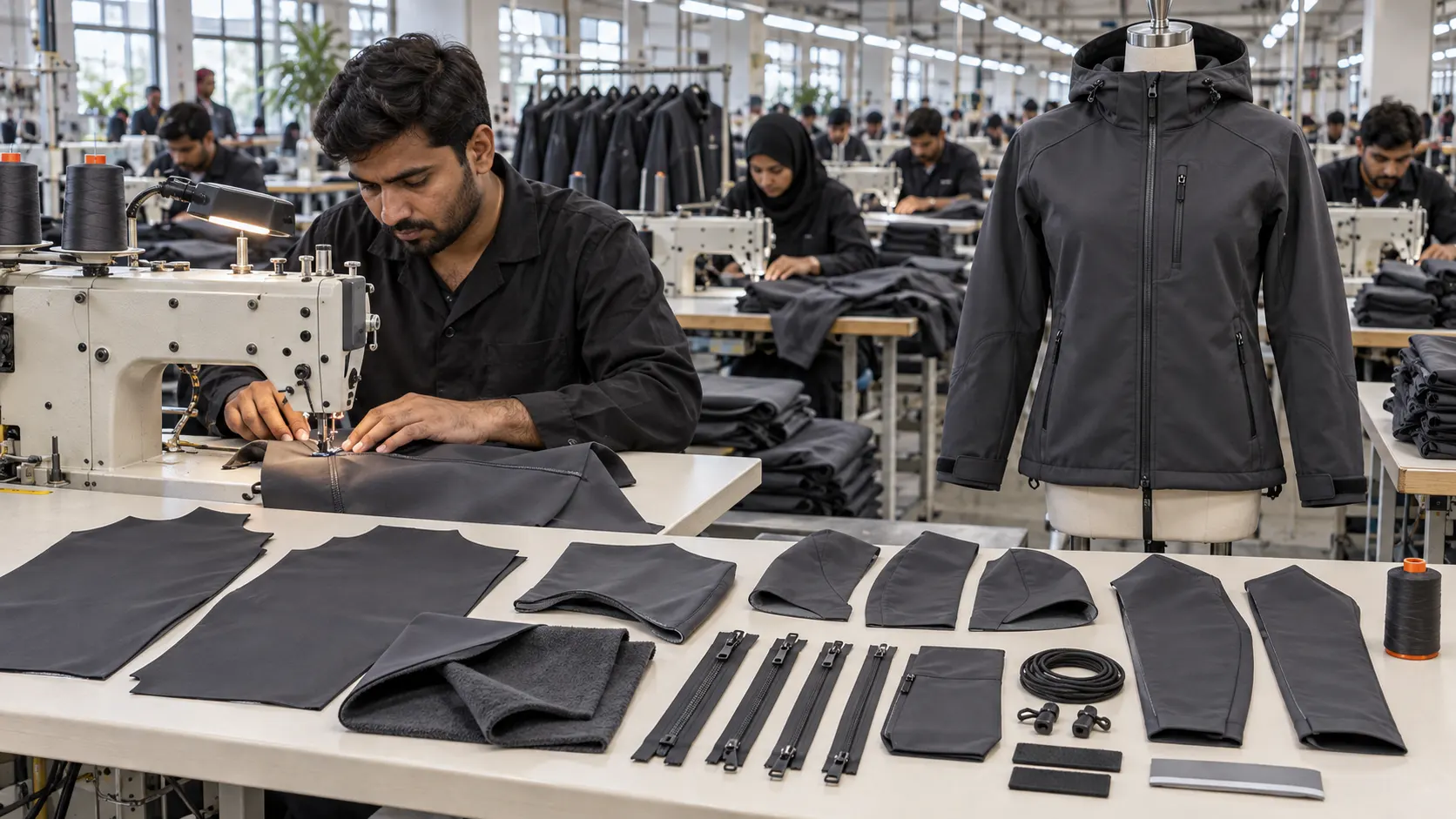 Custom softshell jacket manufacturing inside a performance outerwear factory