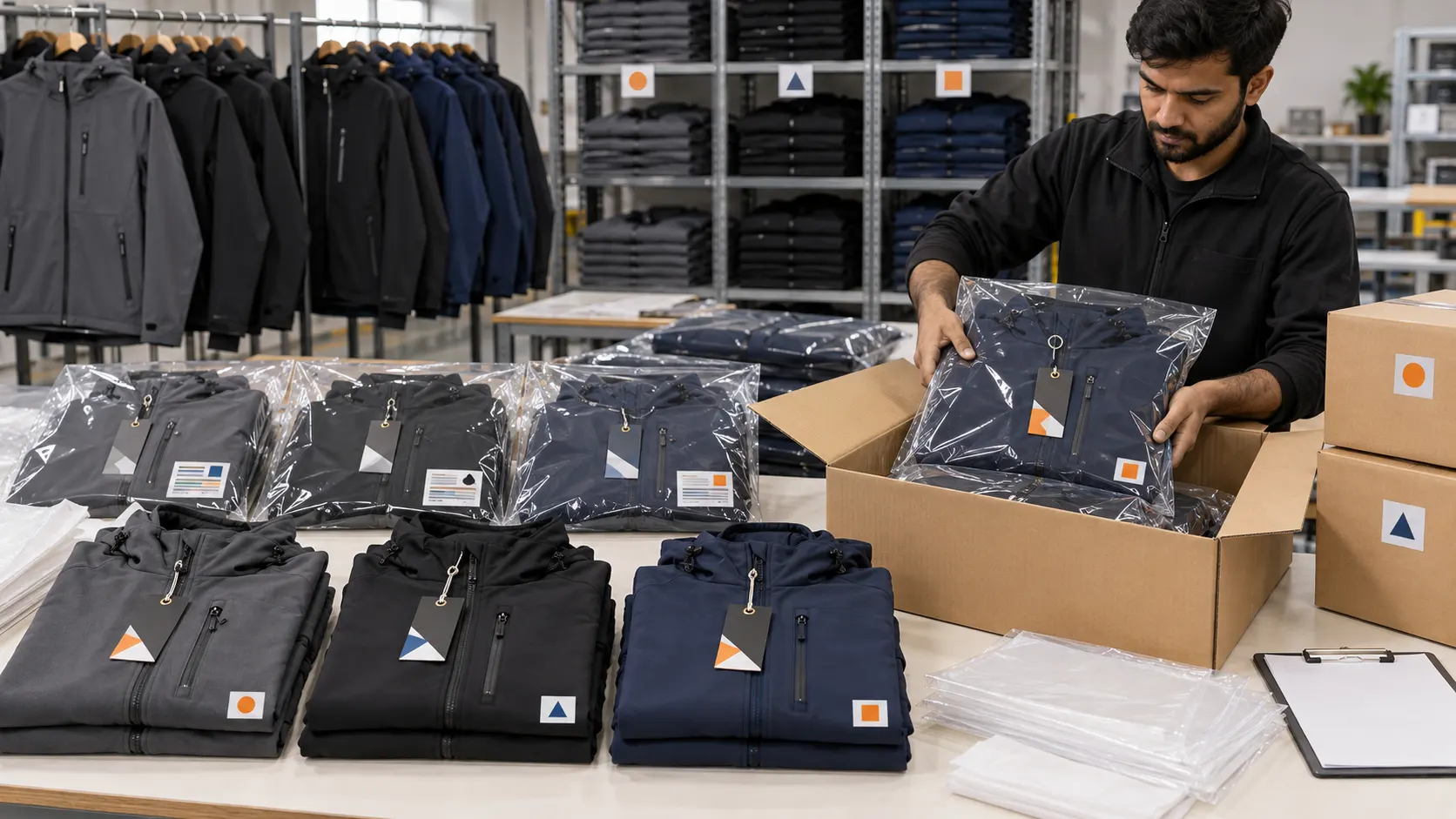 Custom softshell jackets labelled packed and prepared for international bulk shipment