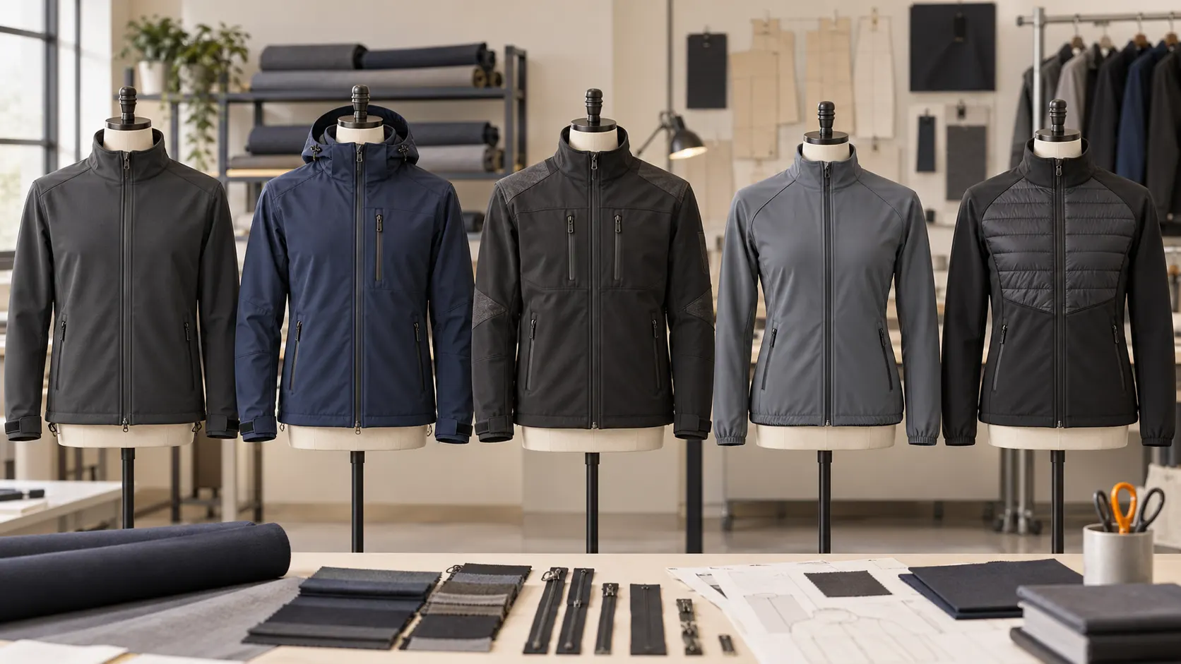 Custom hooded full zip fleece backed workwear hybrid and performance softshell jacket styles