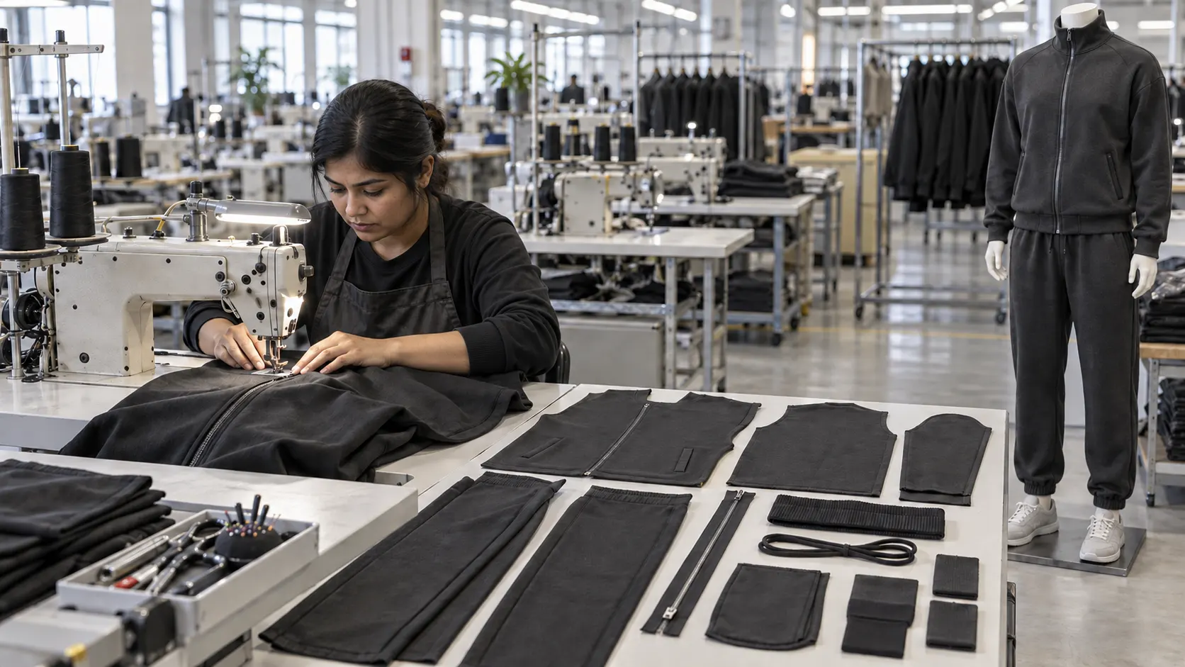 Custom tracksuit manufacturing inside an apparel production facility