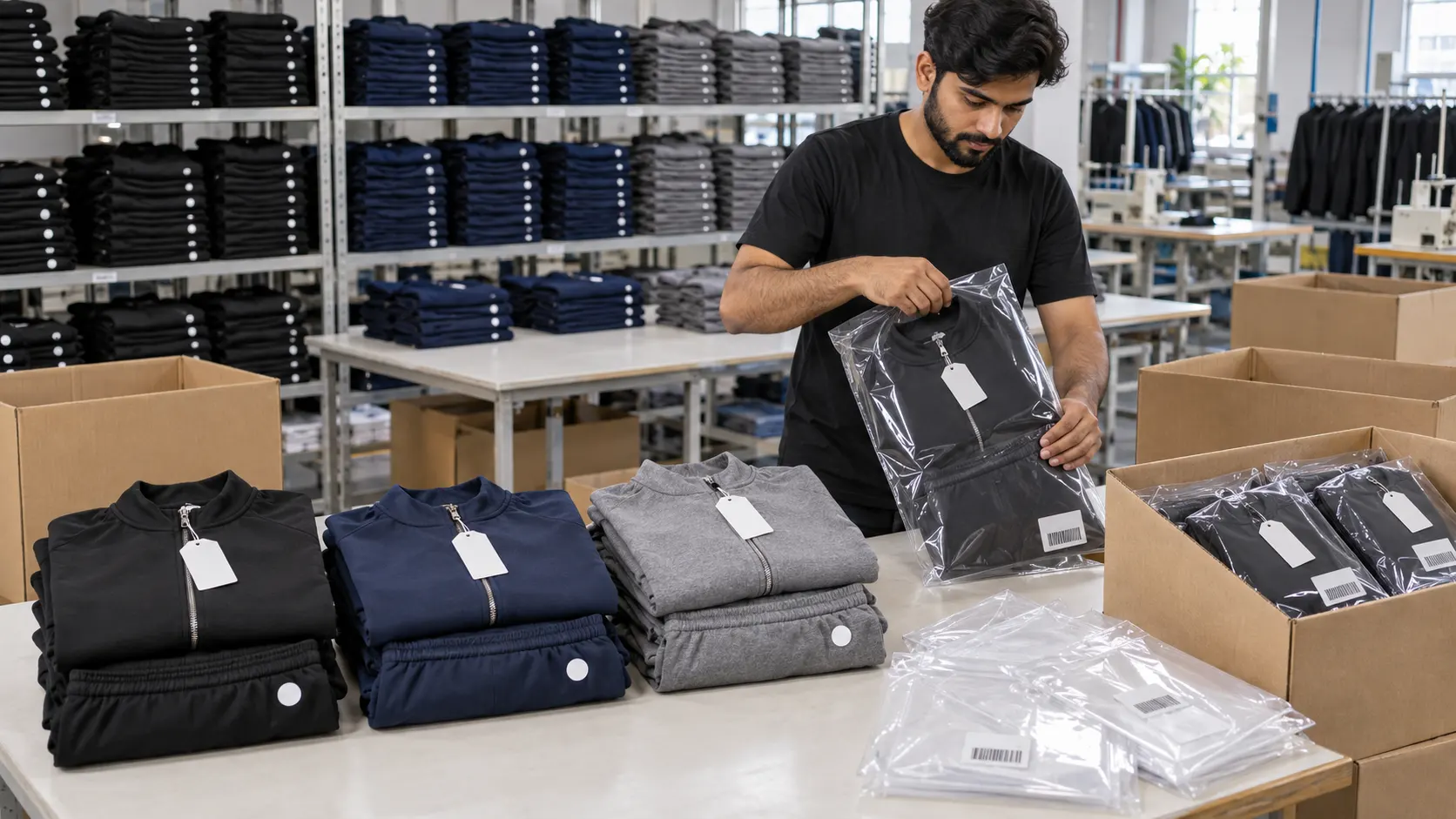Custom tracksuit sets labelled packed and prepared for international bulk shipment
