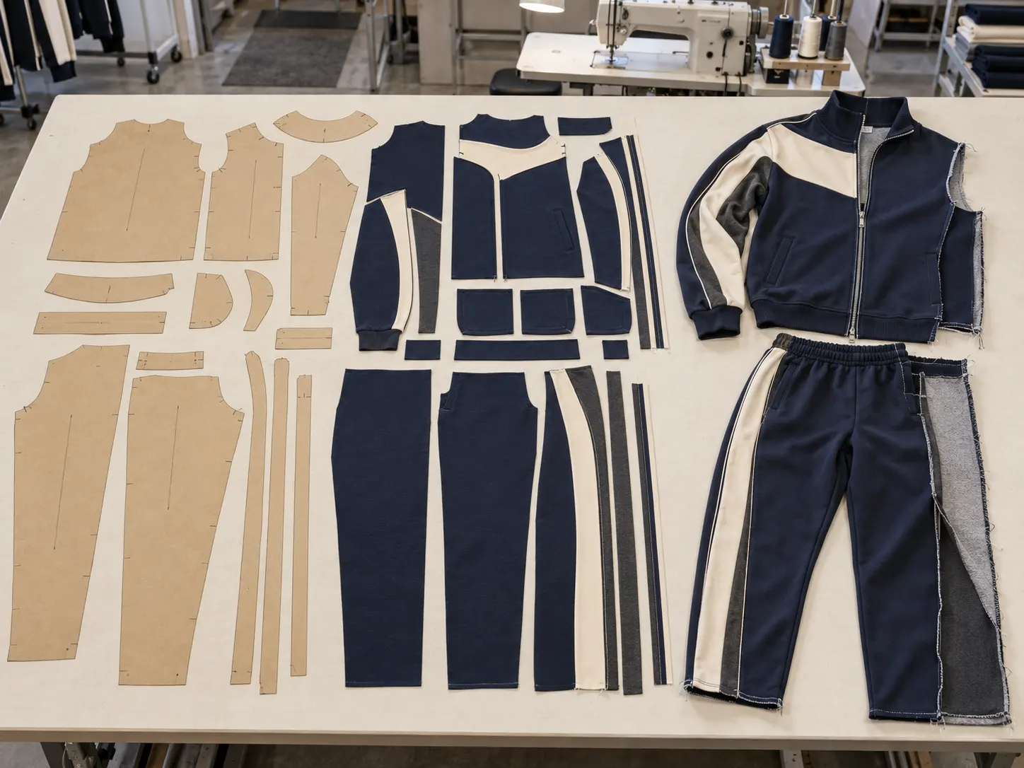 Custom tracksuit contrast panels side stripes piping and colour blocking development