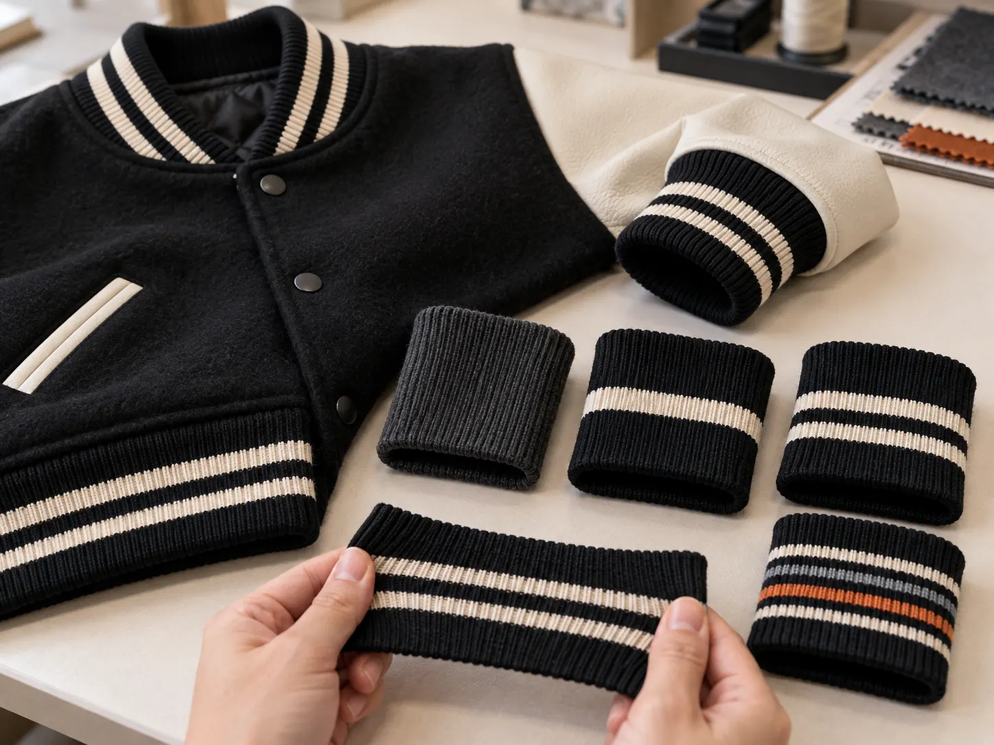 Custom striped rib collar cuffs and waistband for varsity jackets