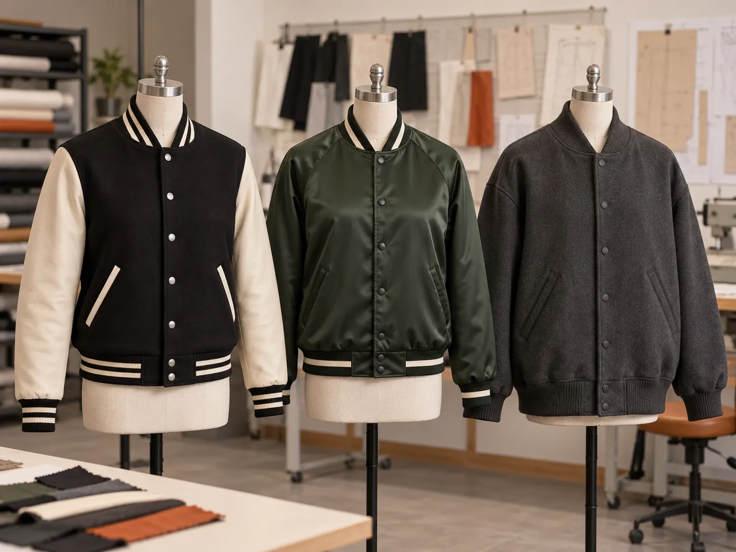Wool leather fleece and satin materials for custom varsity jackets