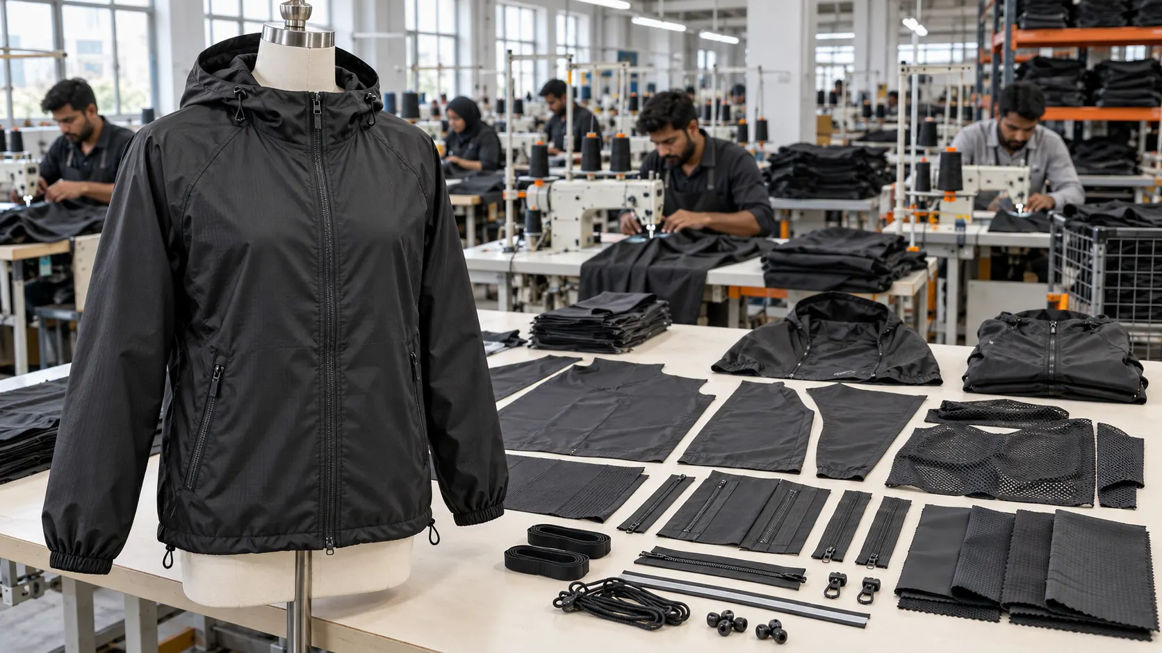 Custom windbreaker jacket manufacturing inside an apparel production facility