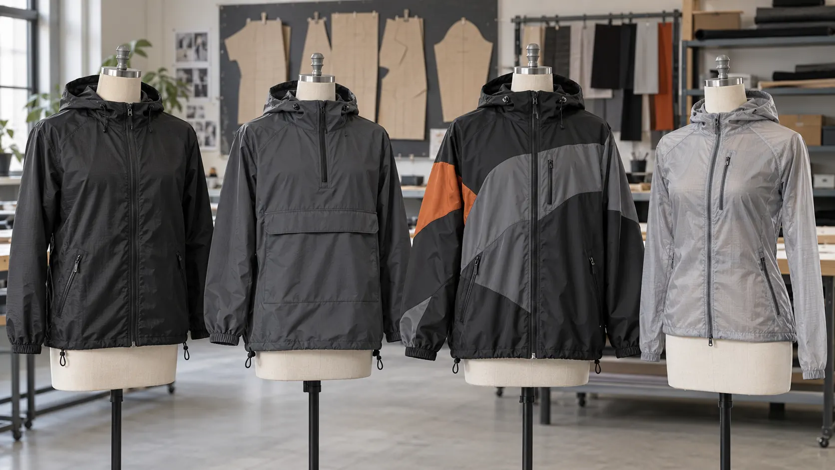 Custom full zip pullover anorak packable hooded and oversized windbreaker jacket styles