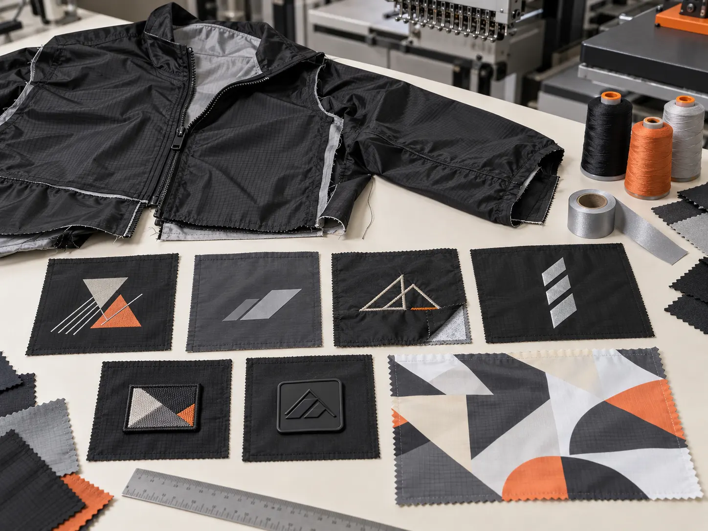 Printing embroidery sublimation patches and reflective details on custom windbreaker jackets