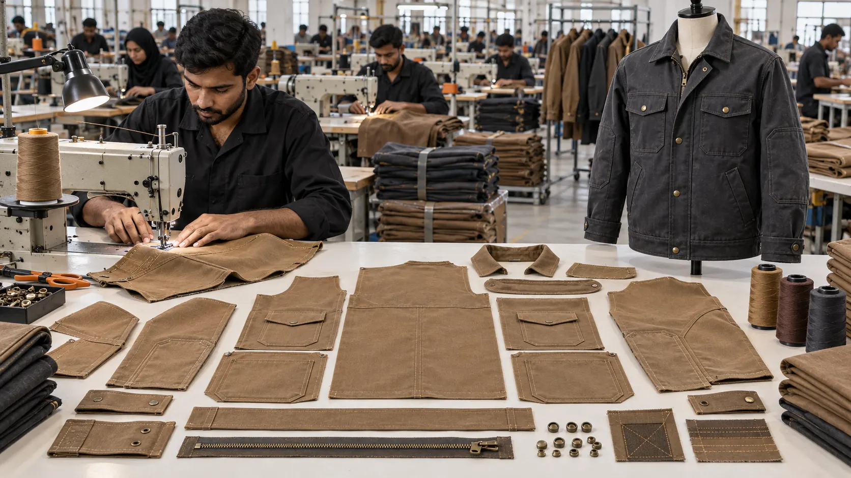 Custom workwear jacket manufacturing inside an apparel production facility