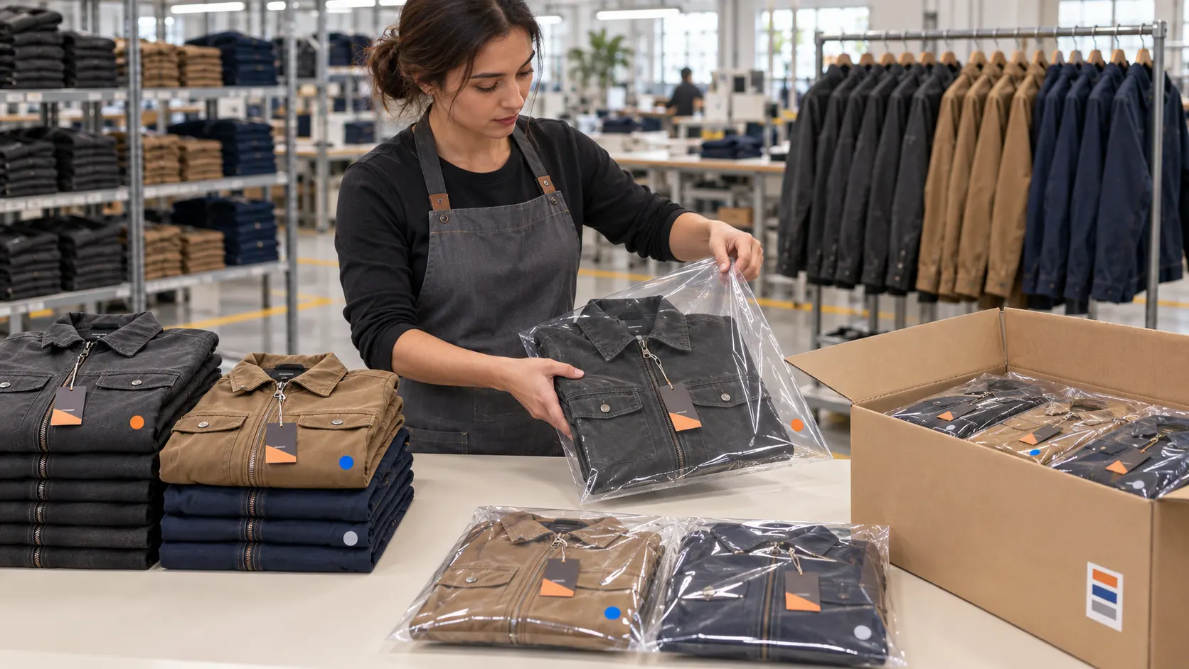 Custom workwear jackets labelled packed and prepared for international bulk shipment