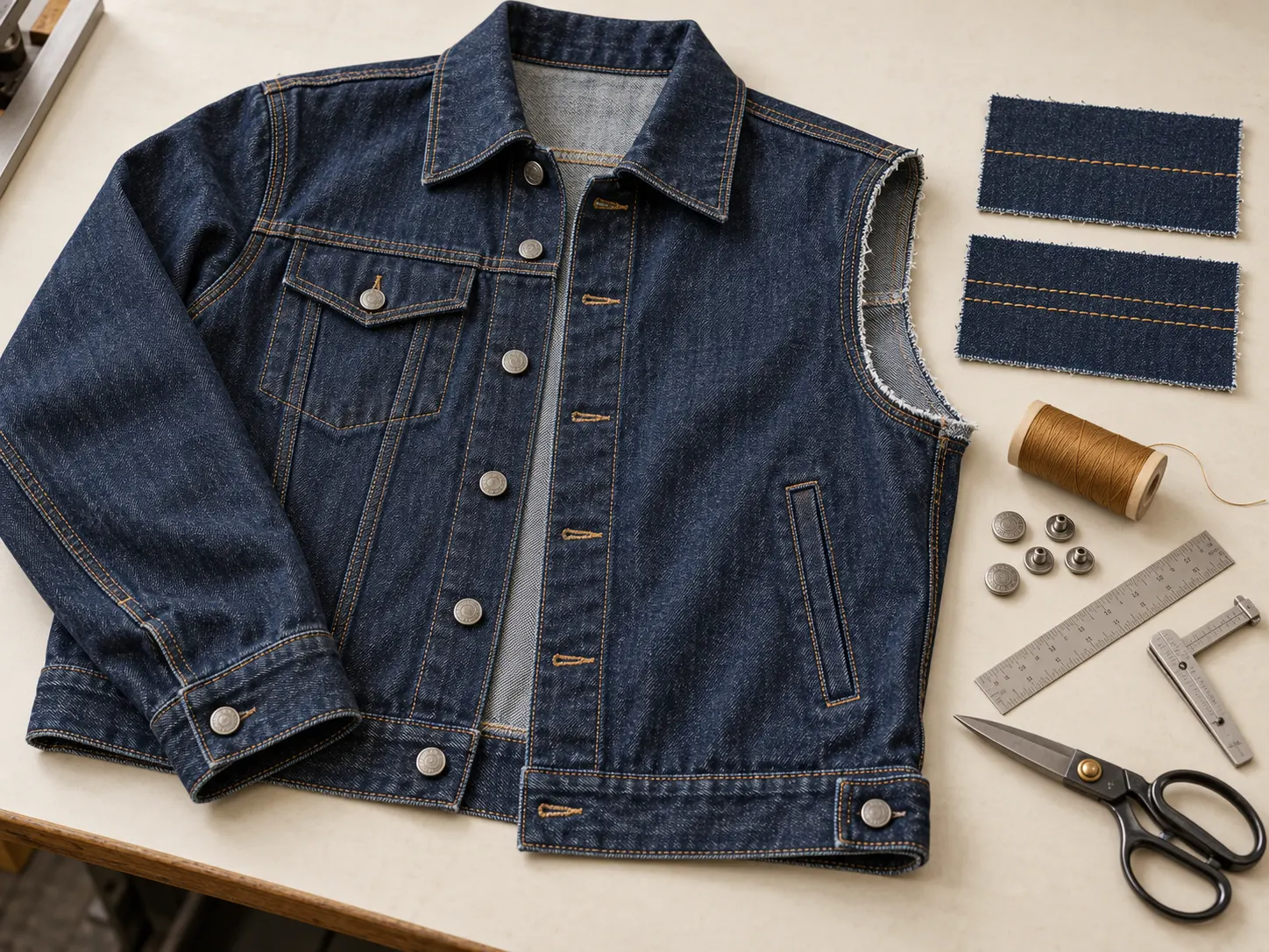 Denim jacket chest pockets collar placket cuffs waistband and topstitch construction