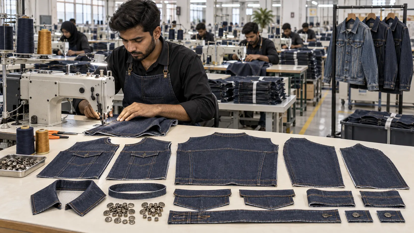 Custom denim jacket cutting sewing washing finishing and quality control process