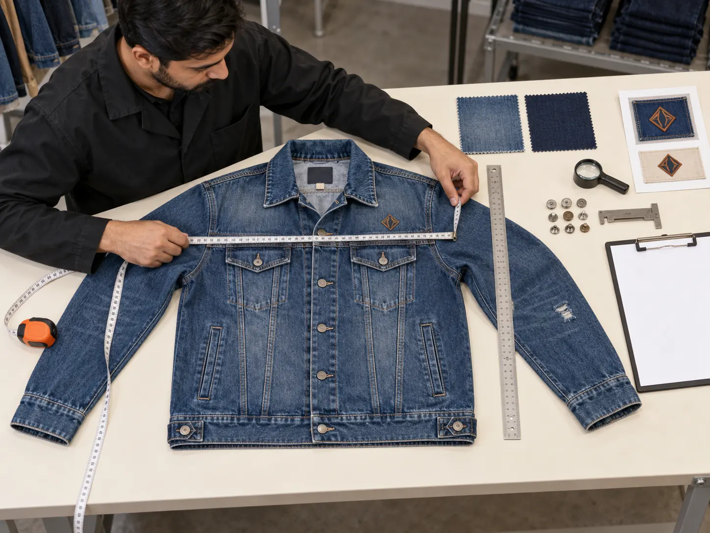 Quality control inspection of washed custom denim jackets