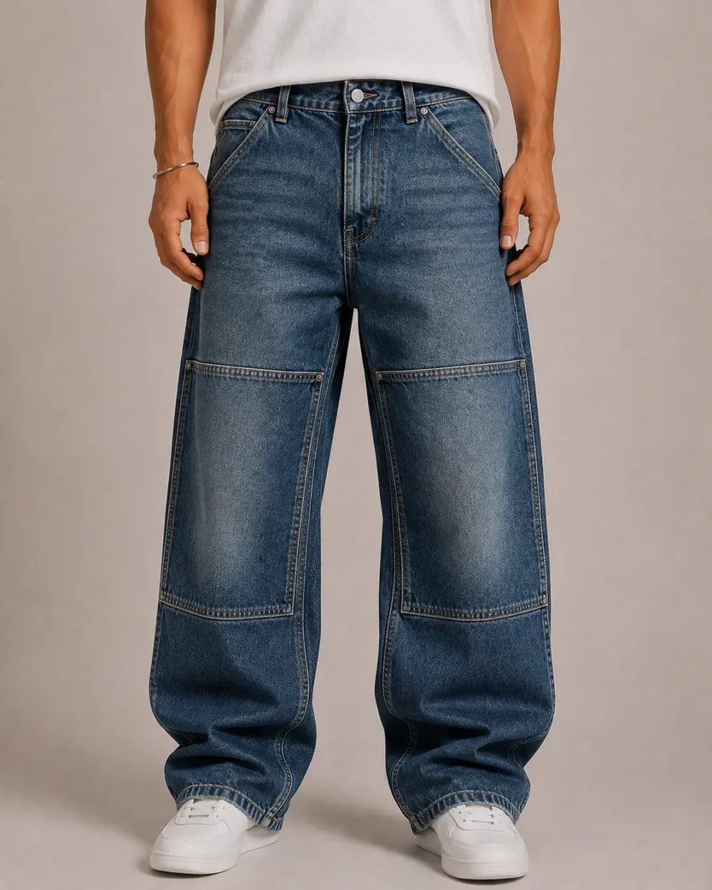 double-knee-denim-jeans-front Double knee denim jeans front view with reinforced panels