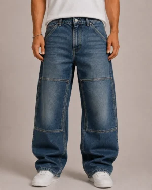 Double knee denim jeans front view with reinforced panels