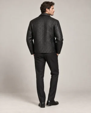 Embossed black leather jacket back view