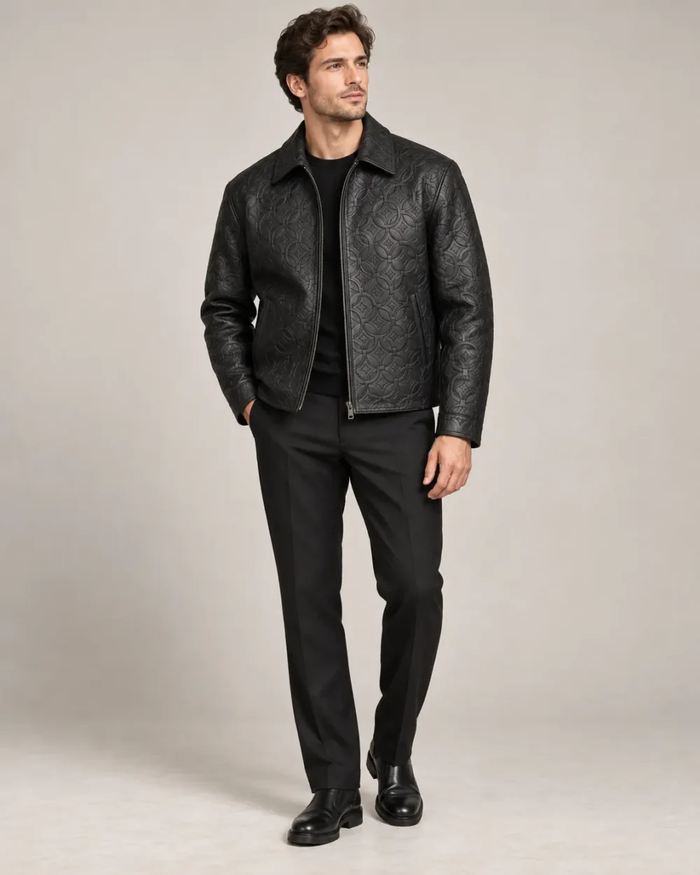Embossed black leather jacket front view