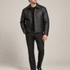 Embossed black leather jacket front view