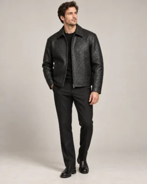 embossed-monogram-leather-jacket-front Embossed black leather jacket front view