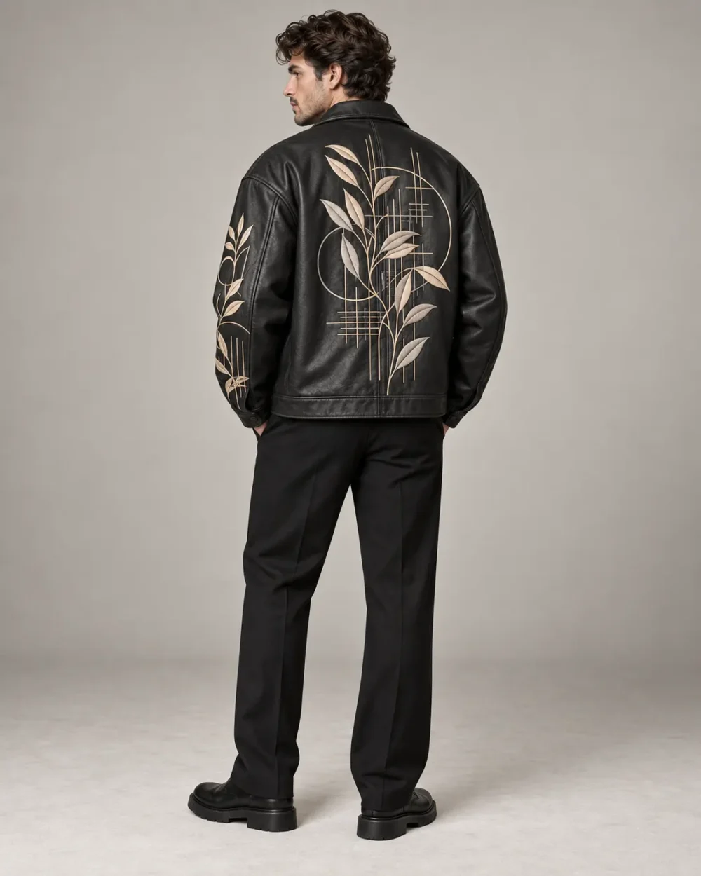 embroidered-leather-streetwear-jacket-back Embroidered black leather streetwear jacket back view