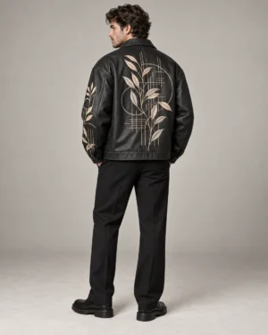 Embroidered black leather streetwear jacket back view