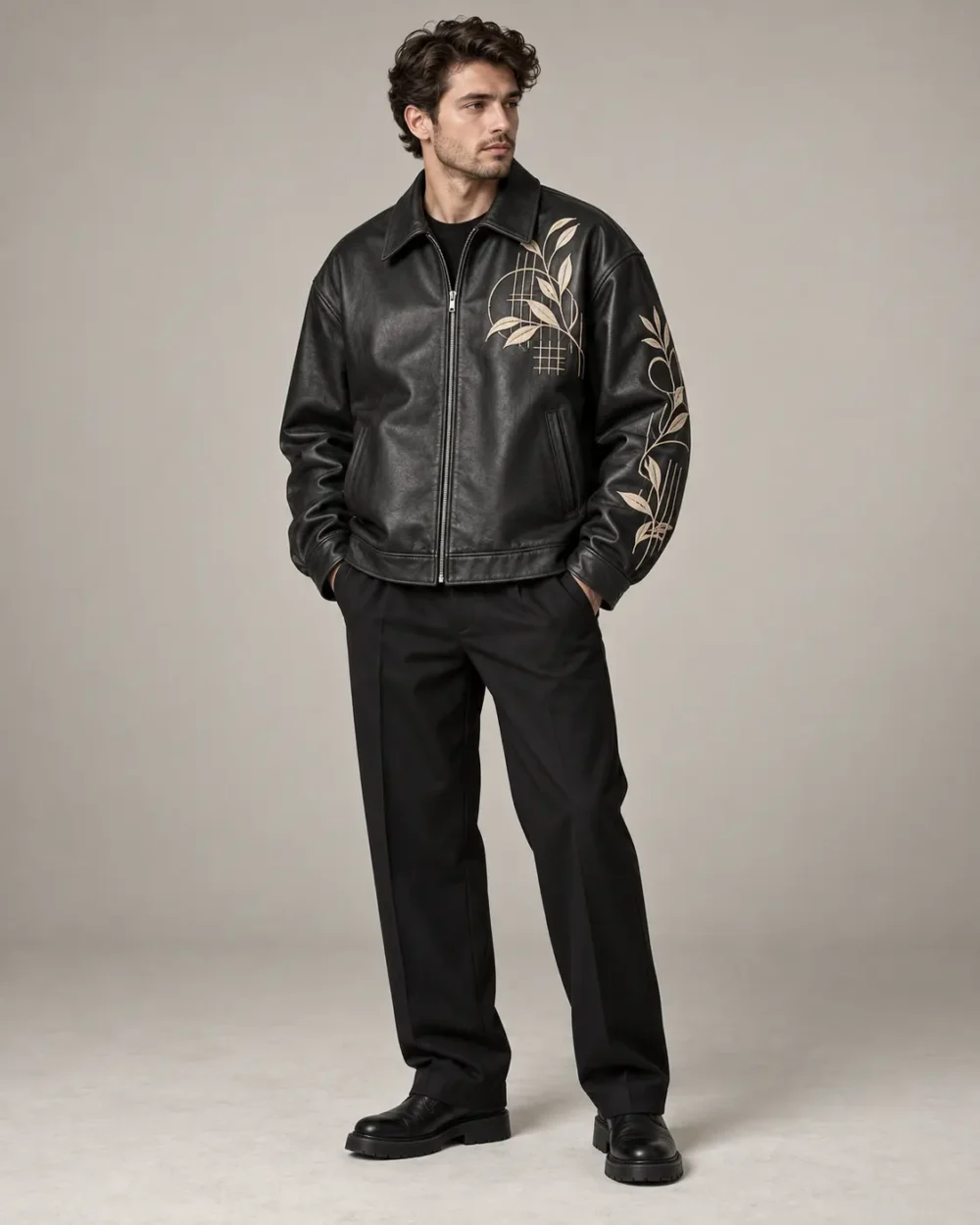 embroidered-leather-streetwear-jacket-front Embroidered black leather streetwear jacket front view