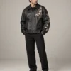 embroidered-leather-streetwear-jacket-front Embroidered black leather streetwear jacket front view