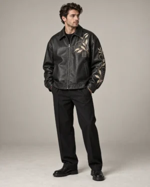 embroidered-leather-streetwear-jacket-front Embroidered black leather streetwear jacket front view