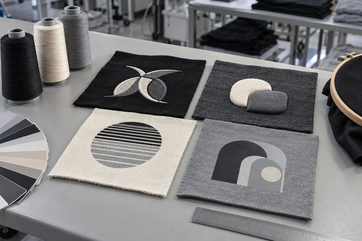 Embroidery and print samples tested on garment fabric