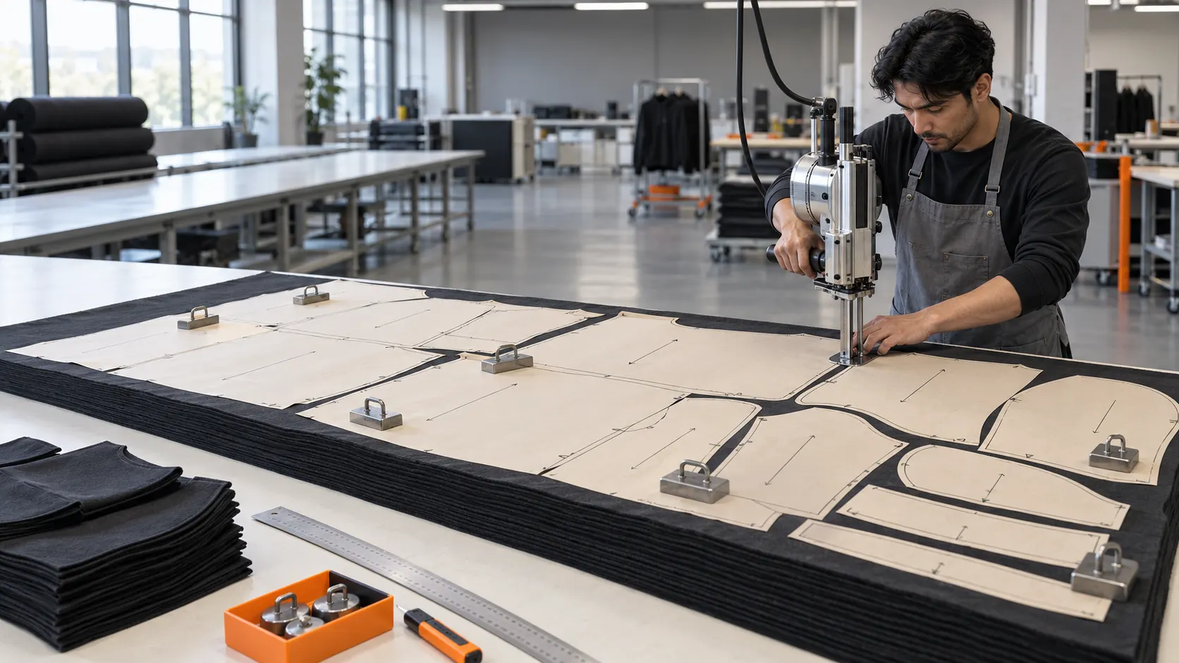 Professional pattern maker drafting garment pattern pieces on a clothing production table
