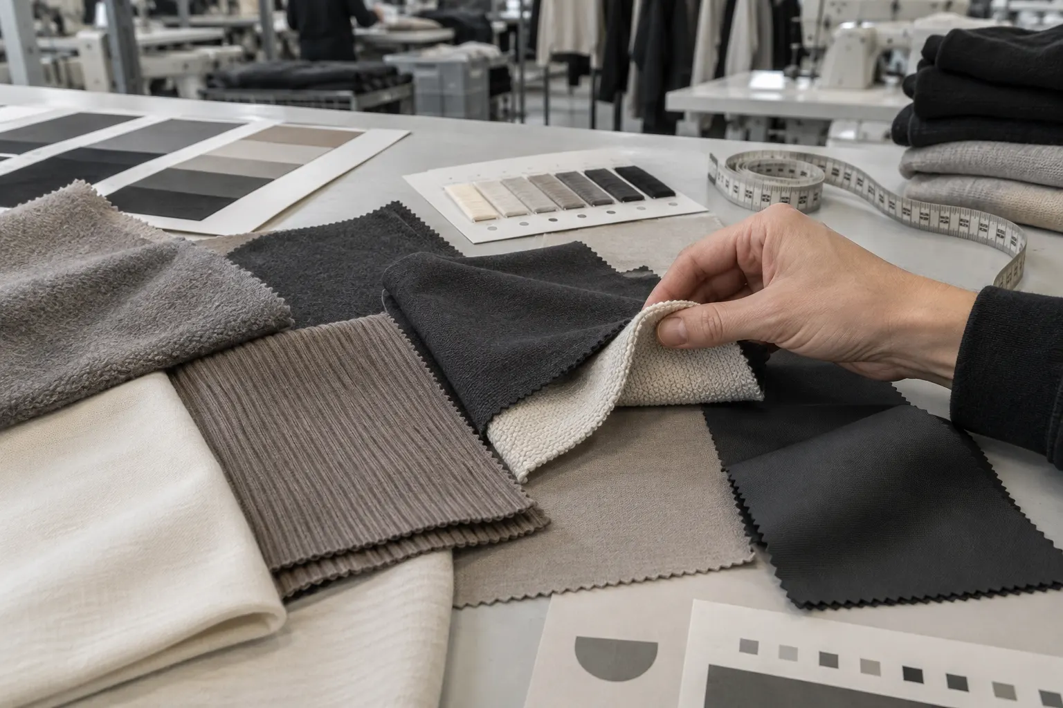 Fabric swatches being selected for a custom clothing sample
