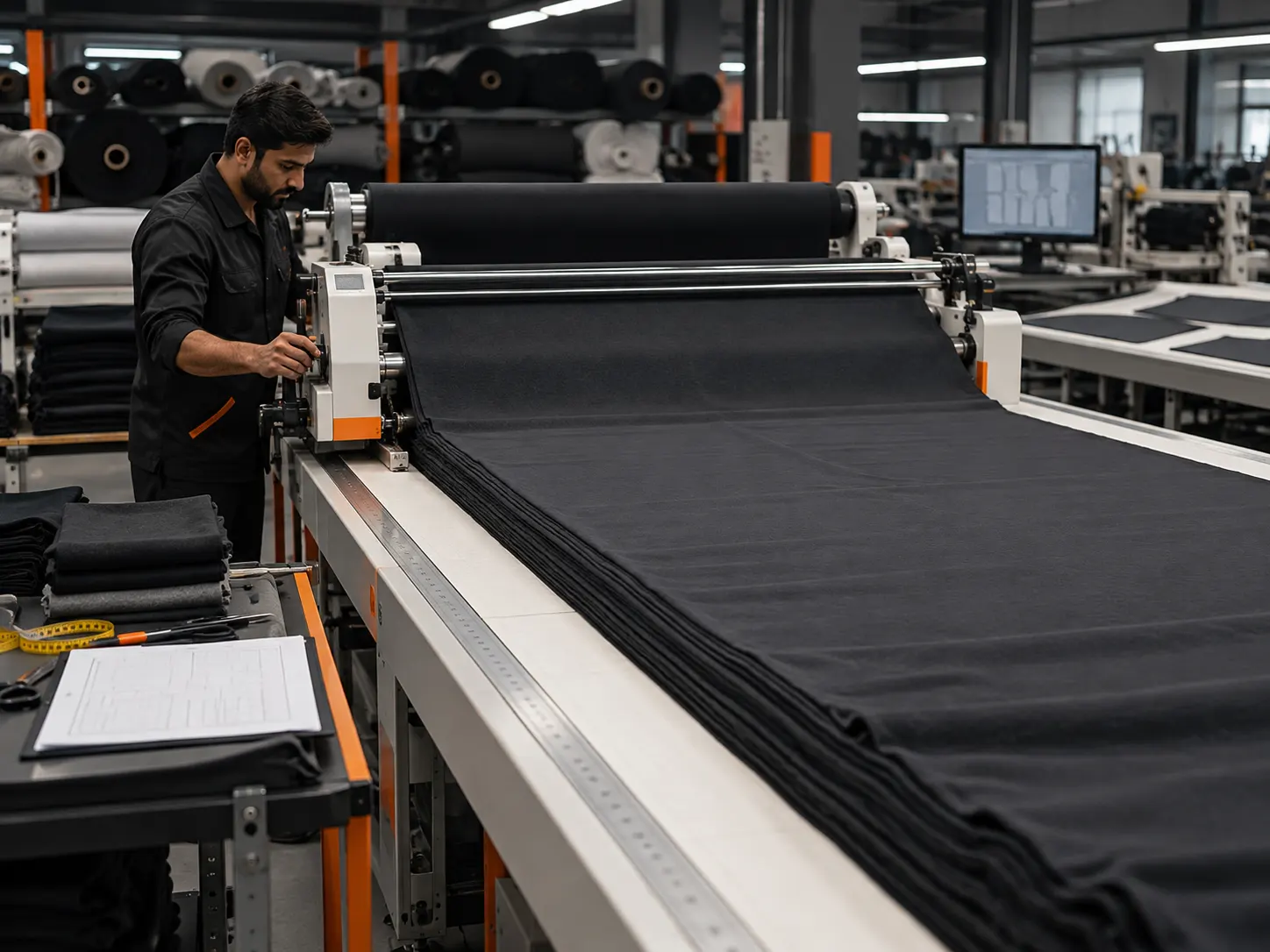Fabric spreading on a cutting table before garment cutting