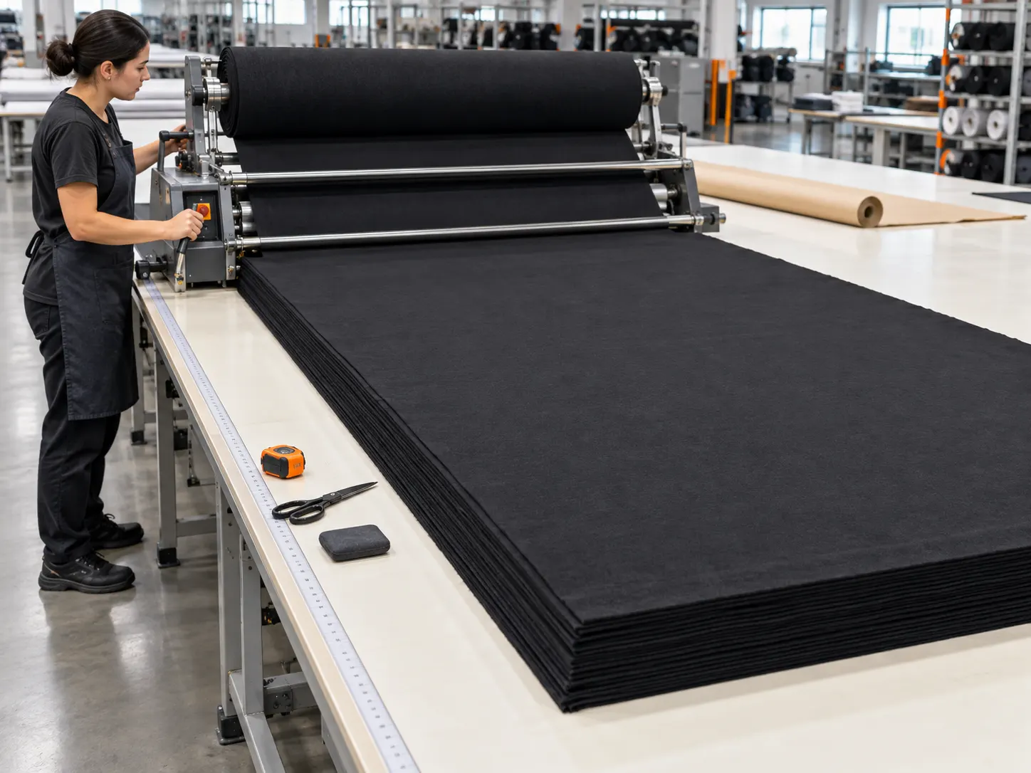 Fabric spreading on a garment factory cutting table before marker placement