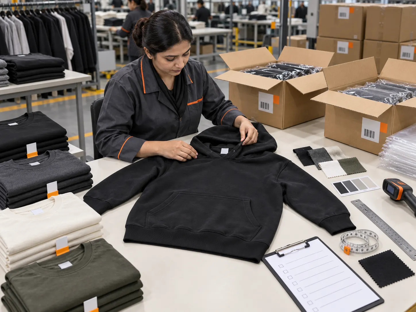 Apparel inspector checking finished garments and packed cartons before shipment