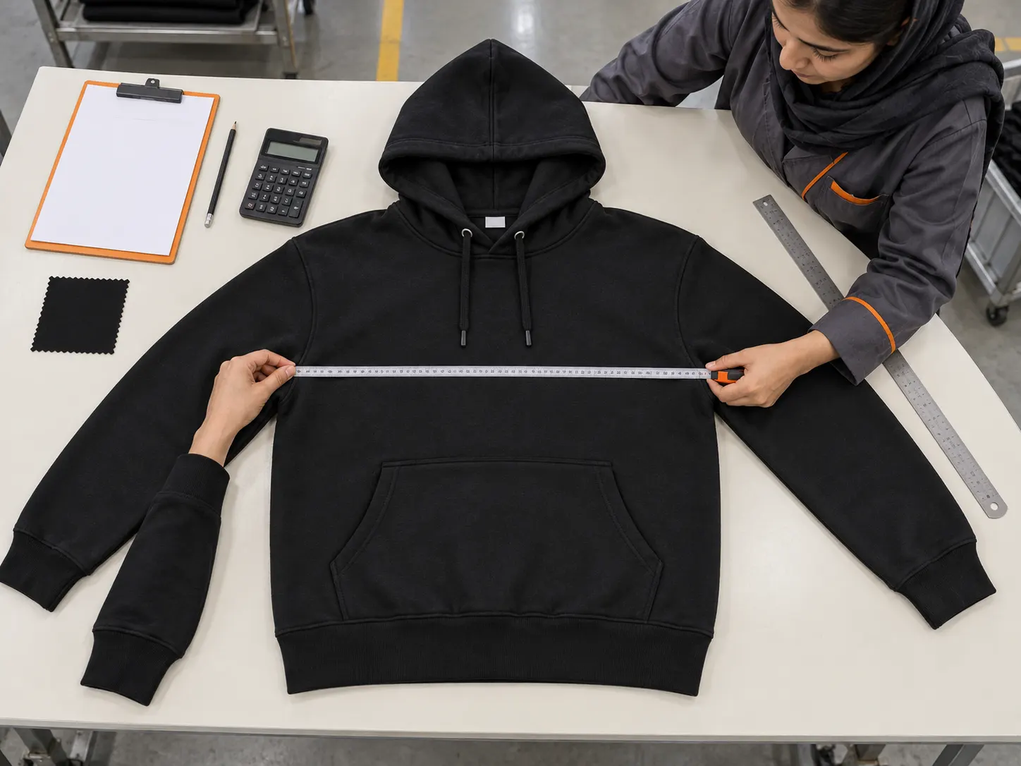Quality inspector measuring the chest width of a finished hoodie on a garment inspection table