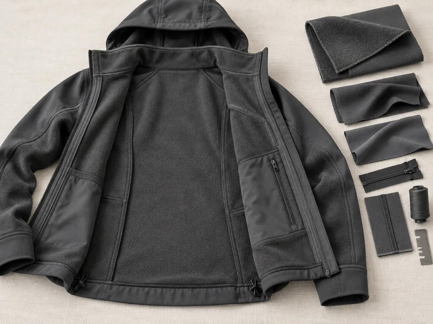 Fleece backed brushed and smooth inner surface options for softshell jackets